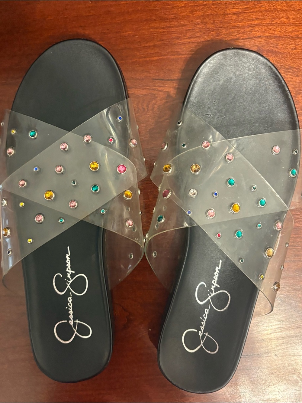 Clear Jelly Slide Sandals with Black Soles
Colorful stones on the top.